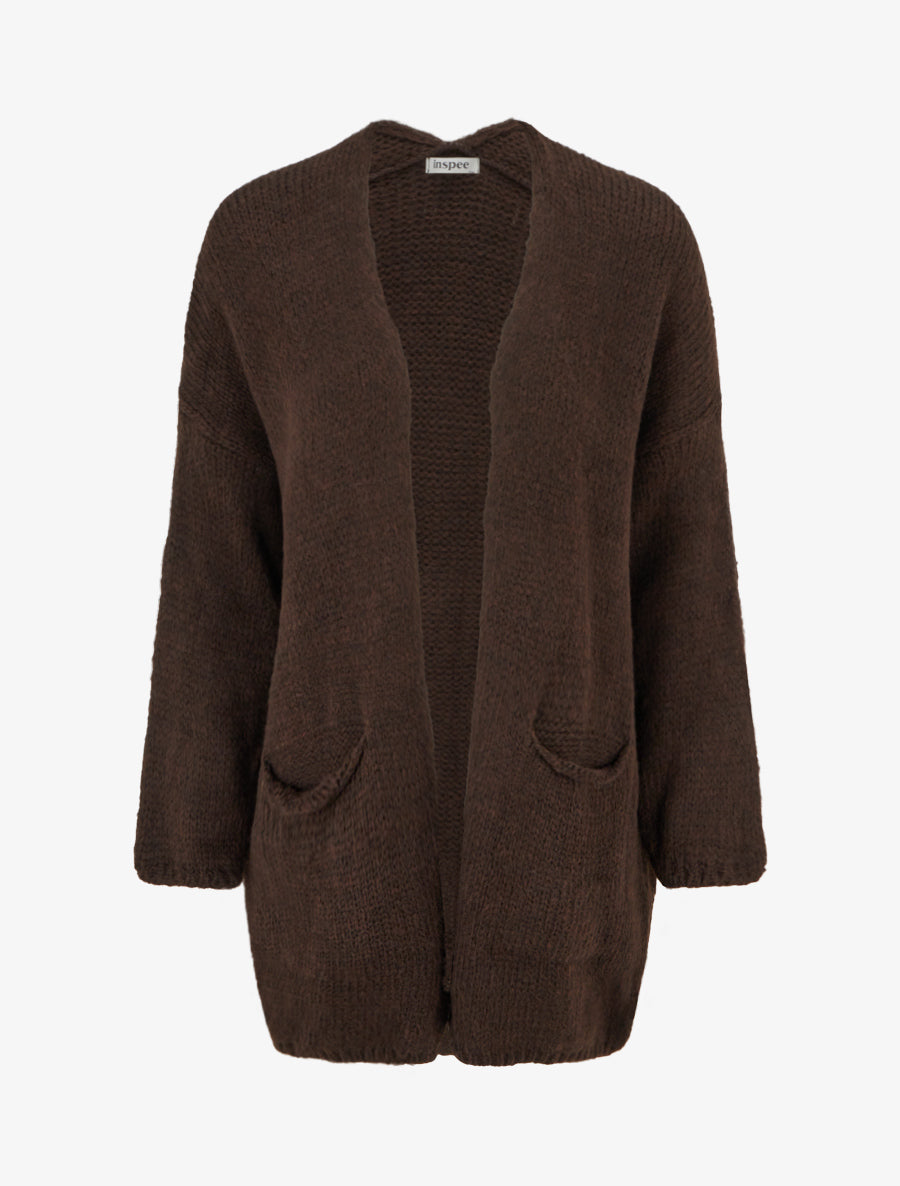 Gilet long ouvert en maille épaisse - Marron - 1