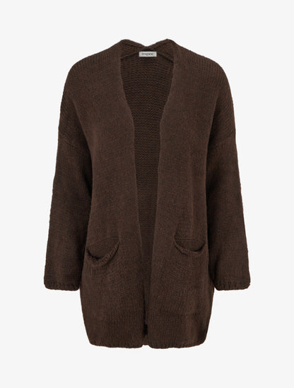 Gilet long ouvert en maille épaisse - Marron - 1