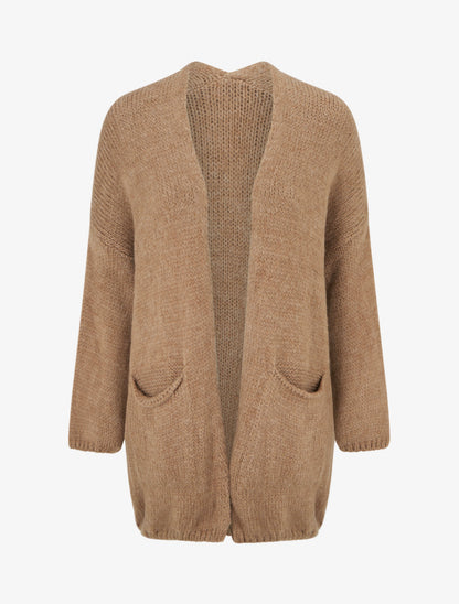 Gilet long ouvert en maille épaisse - Camel - 1