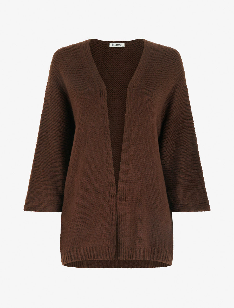 Gilet ouvert en maille épaisse à manches chauve-souris - Marron - 1