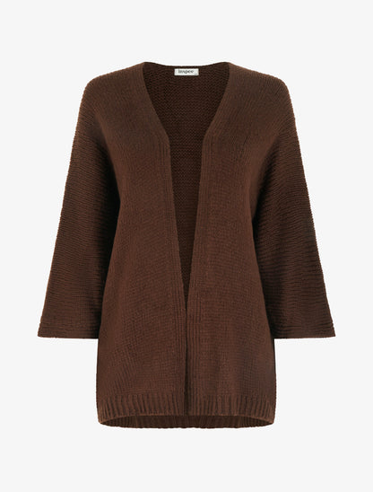 Gilet ouvert en maille épaisse à manches chauve-souris - Marron - 1