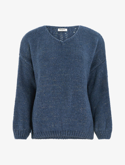Pull ample irisé à col V - Bleu charrette - 1