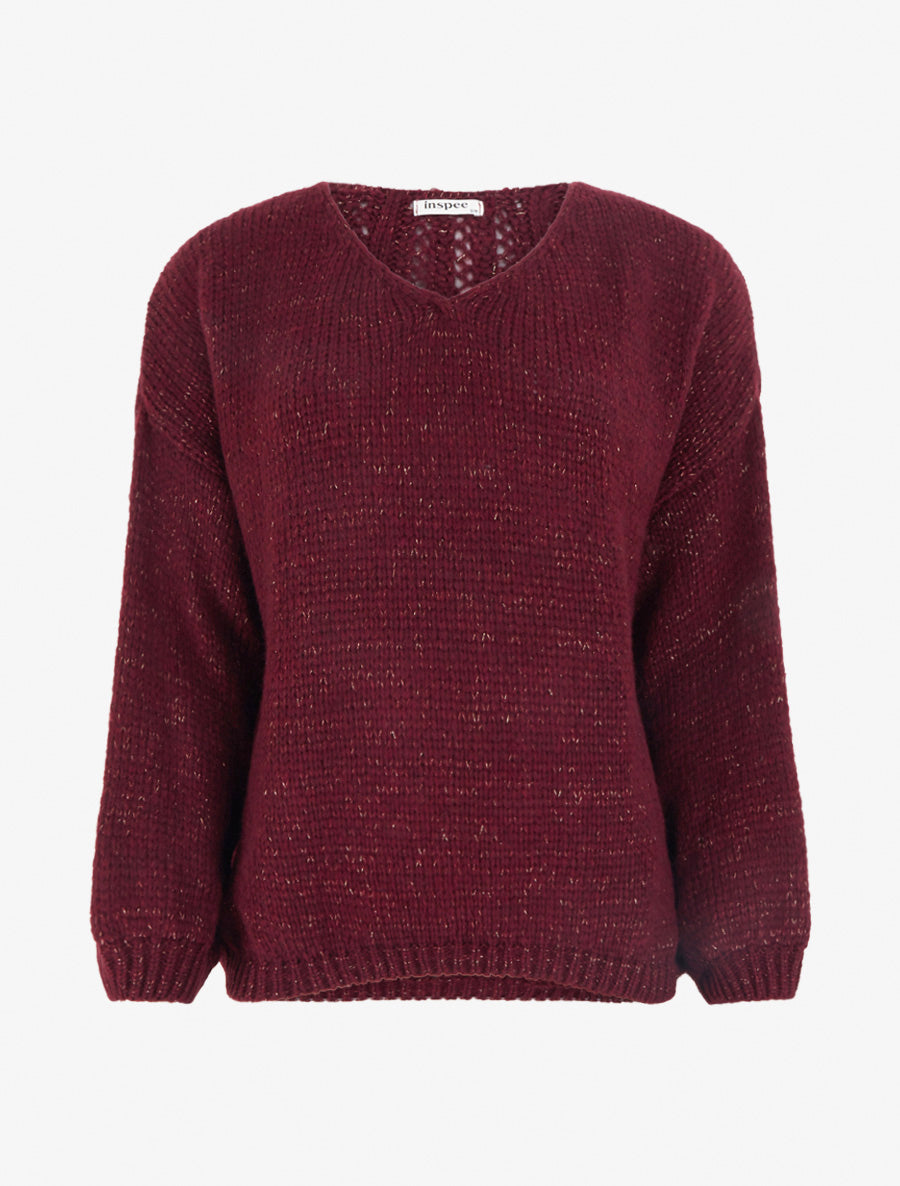 Pull ample irisé à col V - Lie de vin - 1