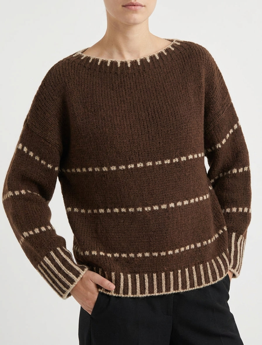 Jersey de corte cuadrado a rayas estilo punteado - Marrón