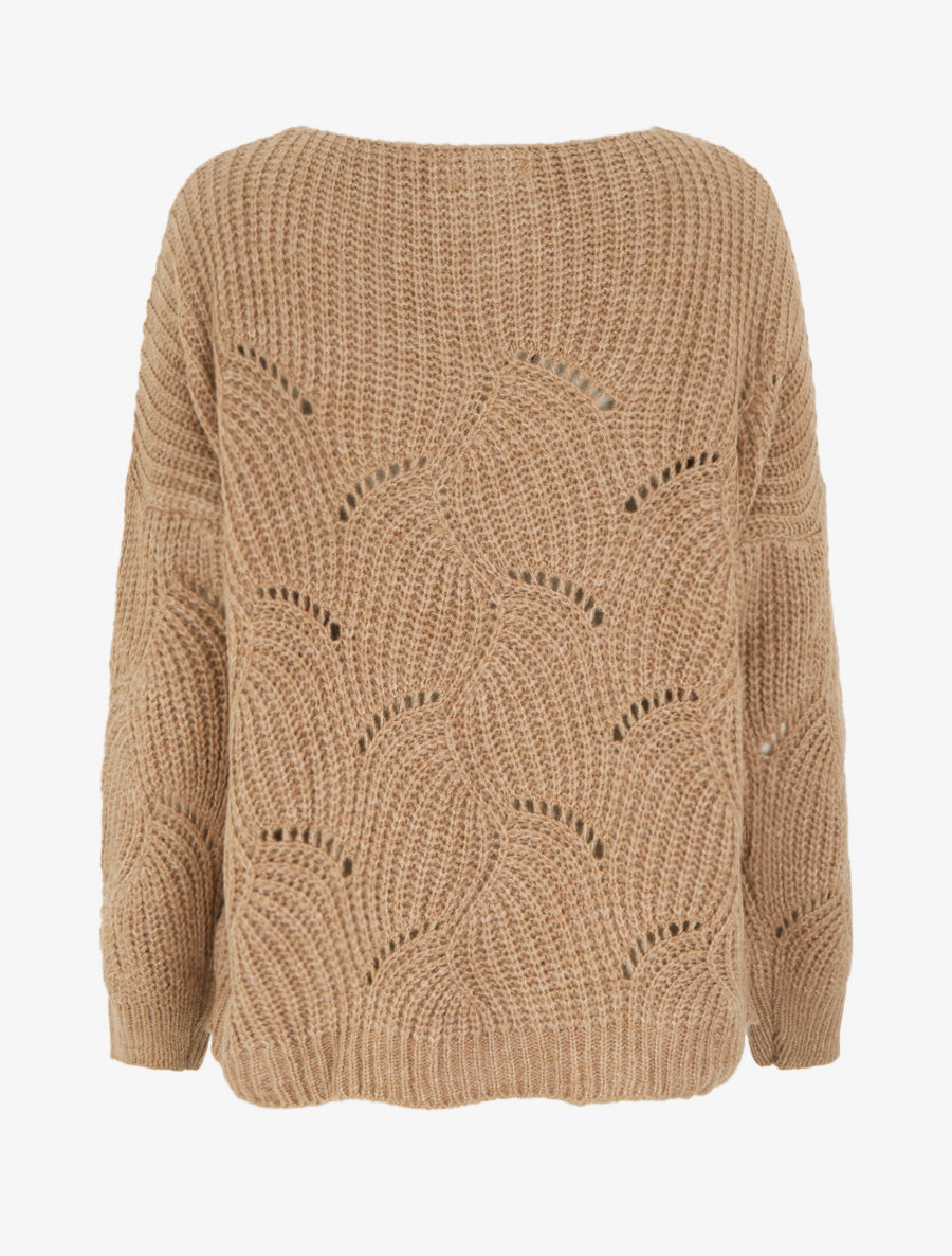 Pull ample en maille fantaisie ajourée - Camel - 2