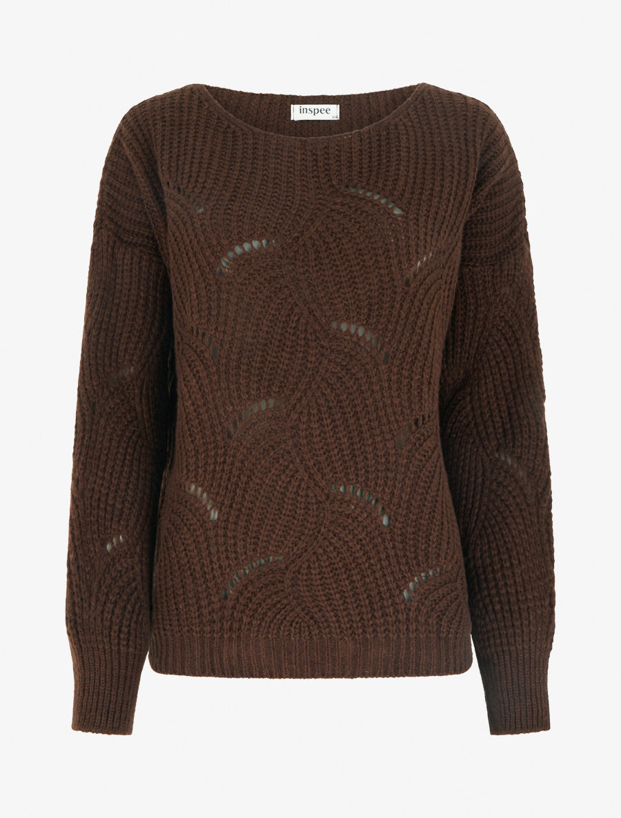 Pull ample en maille fantaisie ajourée - Marron - 1
