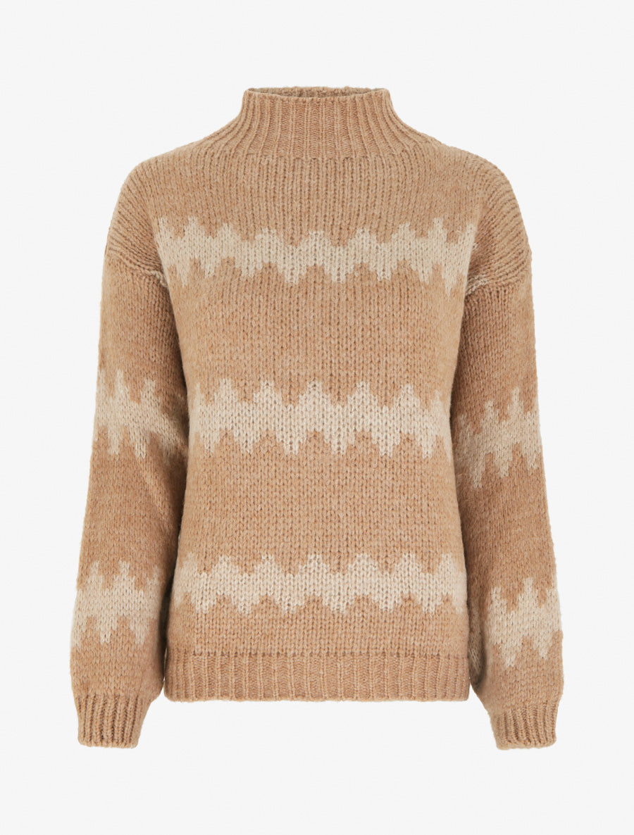 Pull ample à col montant et motif graphique - Camel - 1
