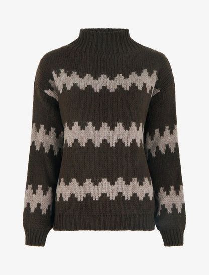 Pull ample à col montant et motif graphique - Marron - 1