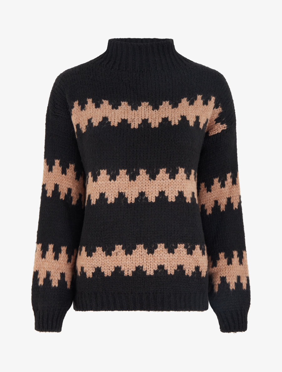 Pull ample à col montant et motif graphique - Noir - 1