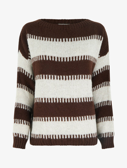 Pull coupe carrée à rayures fantaisies - Marron - 1