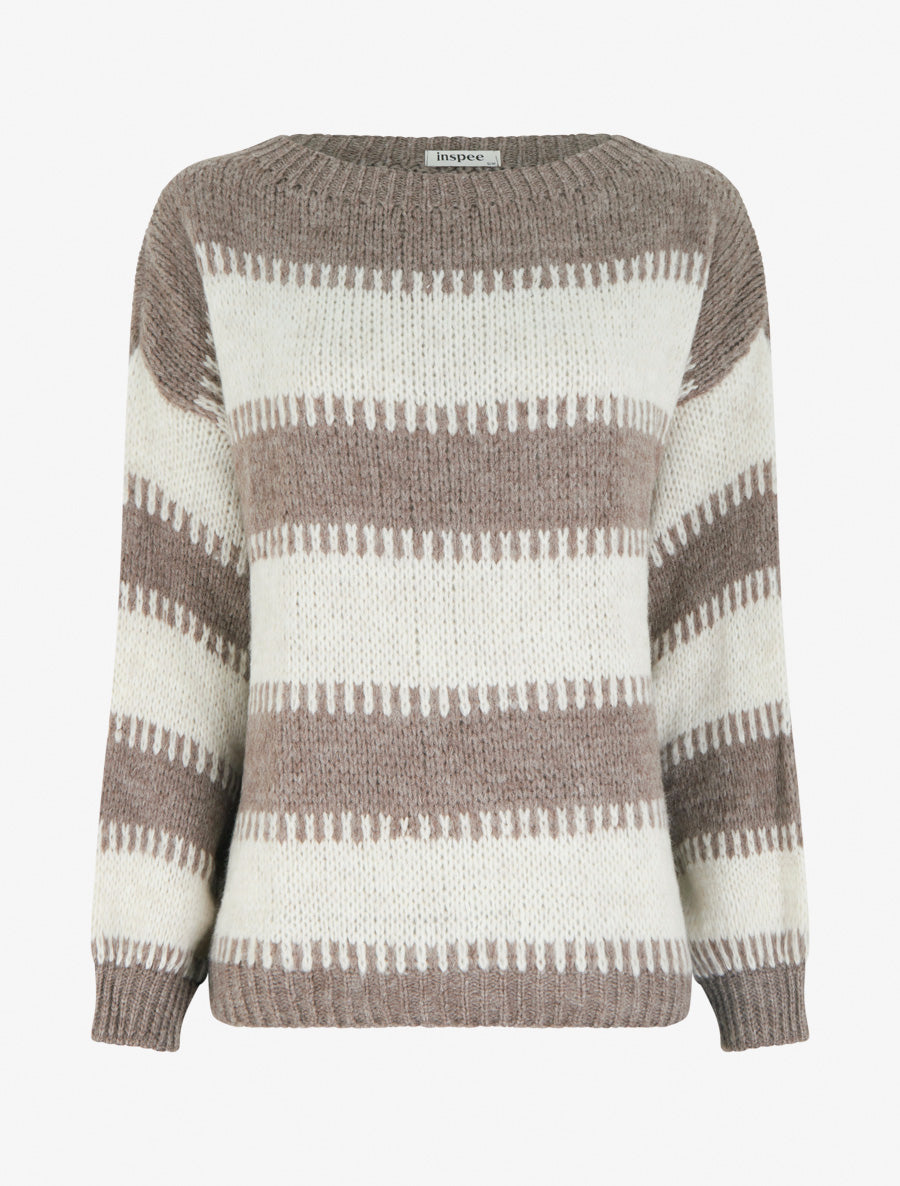 Pull coupe carrée à rayures fantaisies - Taupe - 1