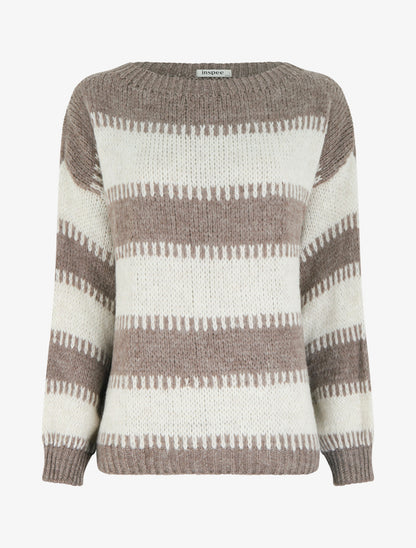 Pull coupe carrée à rayures fantaisies - Taupe - 1