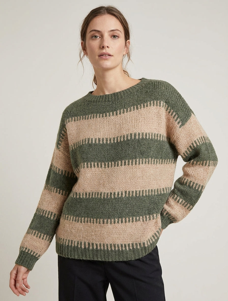 Jersey de corte cuadrado con rayas fantasía - Caqui