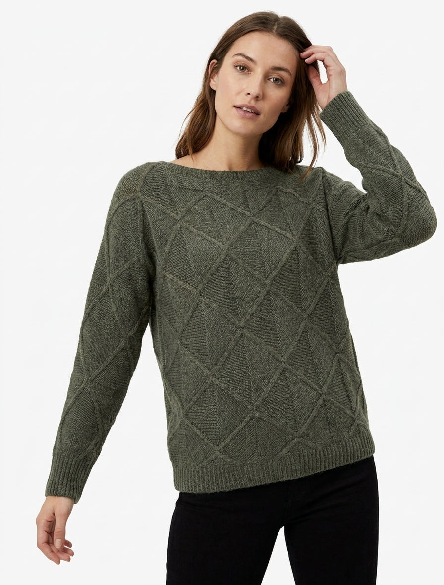 Jersey de cuello barco de punto con efecto de cuadros - Caqui