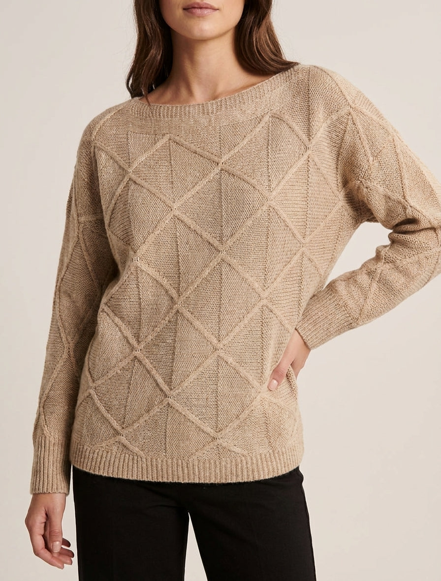 Jersey de cuello barco de punto con efecto de cuadros - Beige oscuro