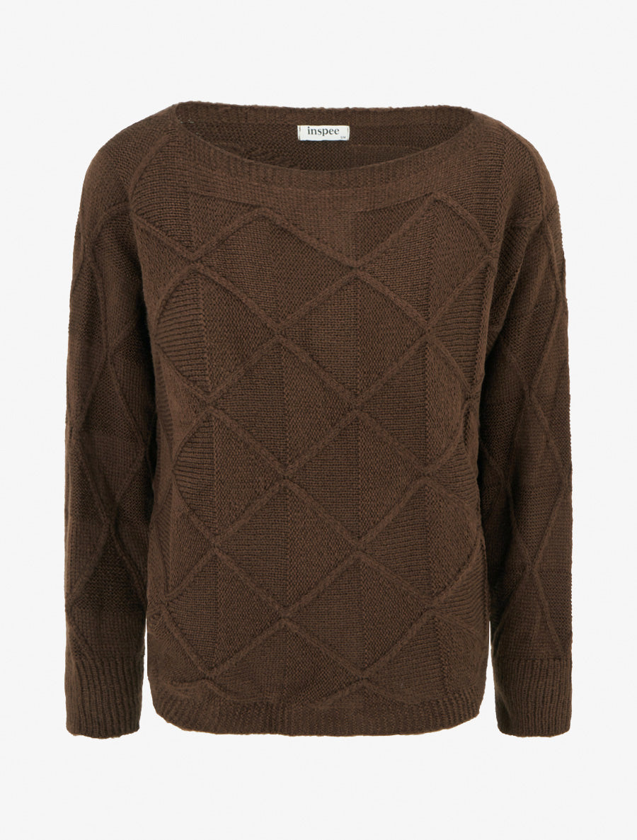 Pull à col bateau en maille effet quadrillé - Marron - 1