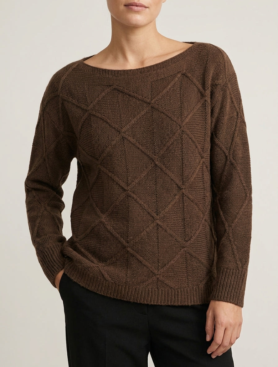 Jersey de cuello barco de punto con efecto de cuadros - Marrón