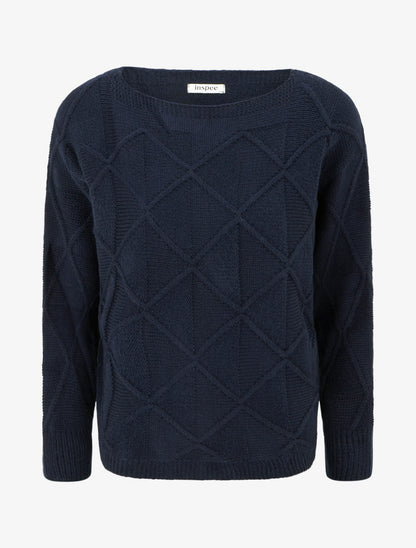 Pull à col bateau en maille effet quadrillé - Marine - 1