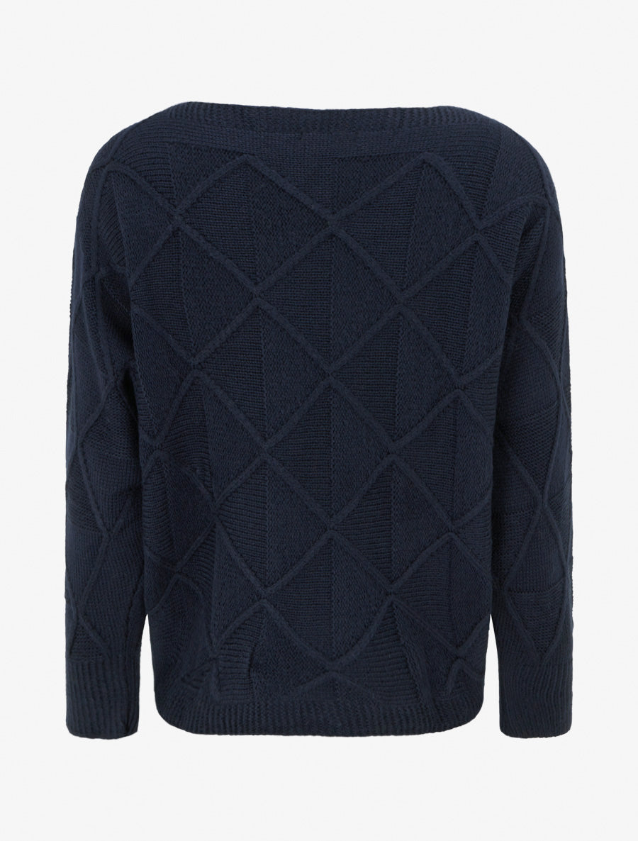 Pull à col bateau en maille effet quadrillé - Marine - 2