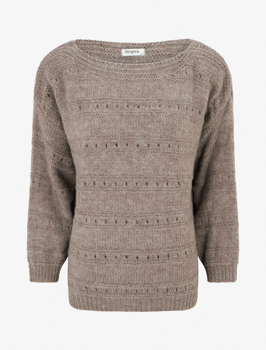 Pull ample à col bateau en maille fantaisie - Taupe - 1