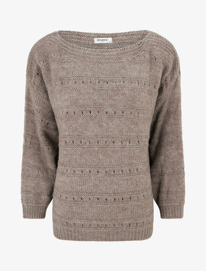 Pull ample à col bateau en maille fantaisie - Taupe - 1