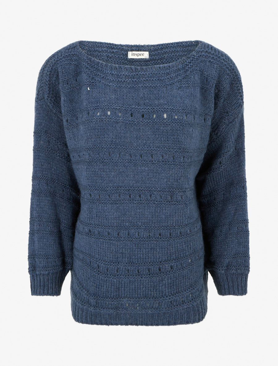 Pull ample à col bateau en maille fantaisie - Bleu - 1