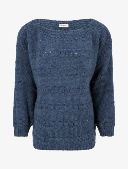 Pull ample à col bateau en maille fantaisie - Bleu - 1
