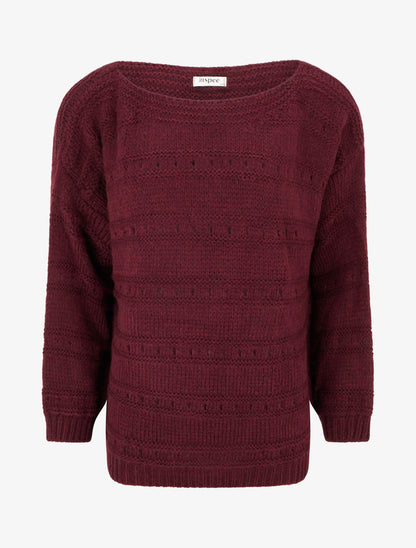 Pull ample à col bateau en maille fantaisie - Lie de vin - 1