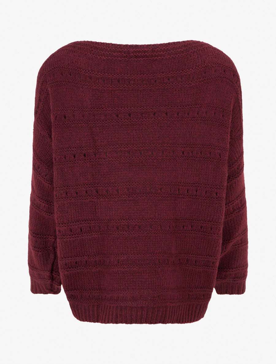 Pull ample à col bateau en maille fantaisie - Lie de vin - 2