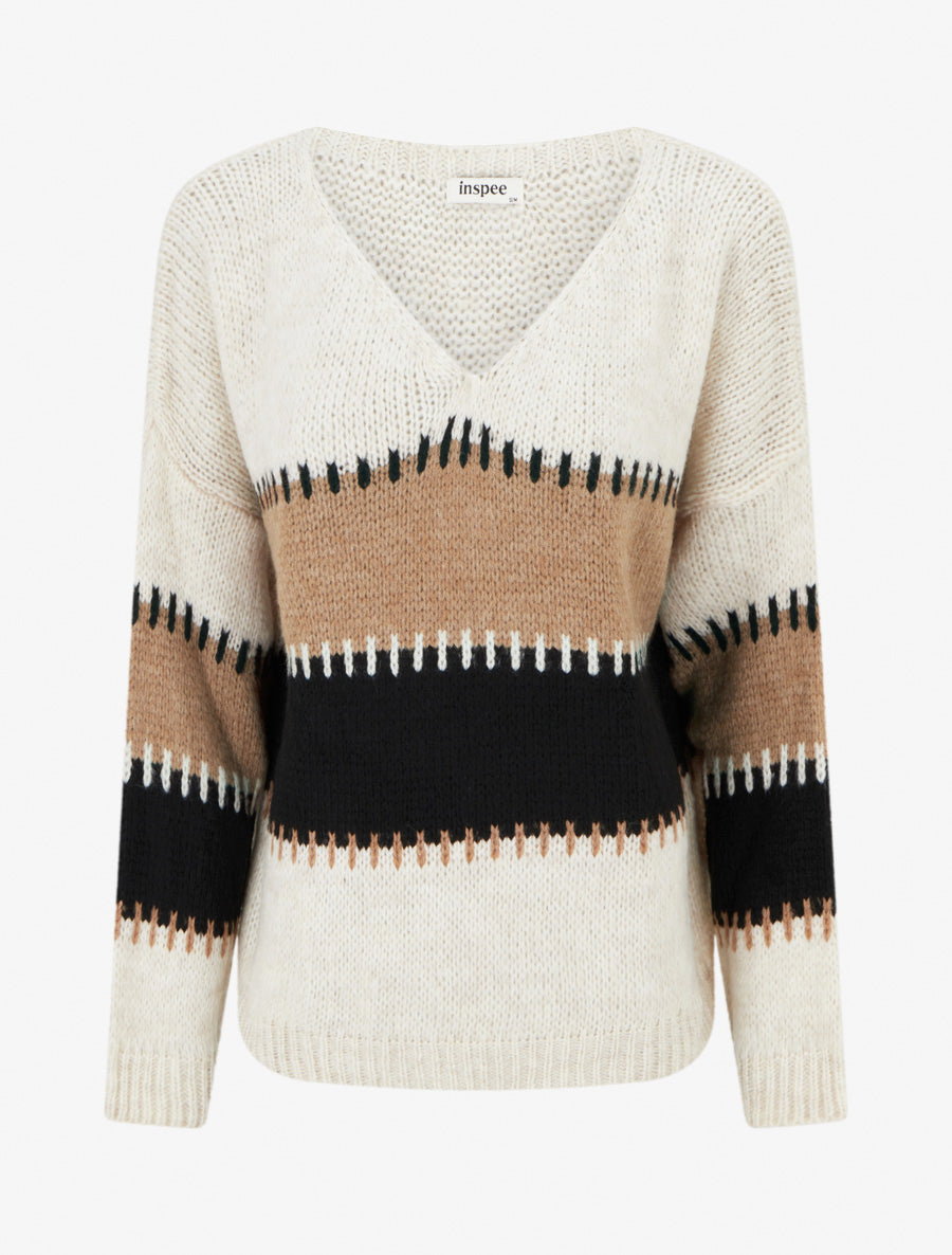 Pull ample à col V et rayures stylisées - Beige - 1