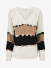Pull ample à col V et rayures stylisées - Beige - 1