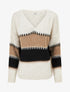 Pull ample à col V et rayures stylisées - Beige - 1