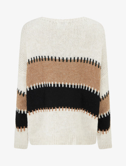 Pull ample à col V et rayures stylisées - Beige - 2