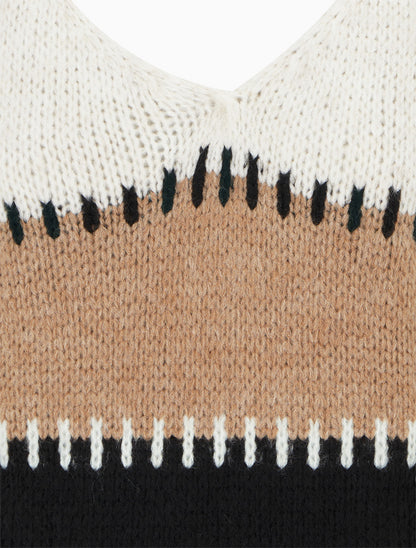 Pull ample à col V et rayures stylisées - Beige - 3