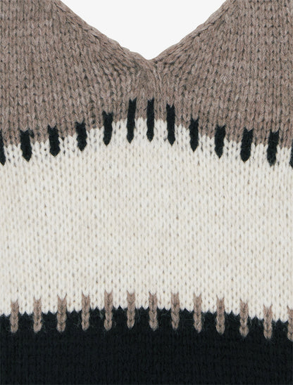 Pull ample à col V et rayures stylisées - Taupe - 3
