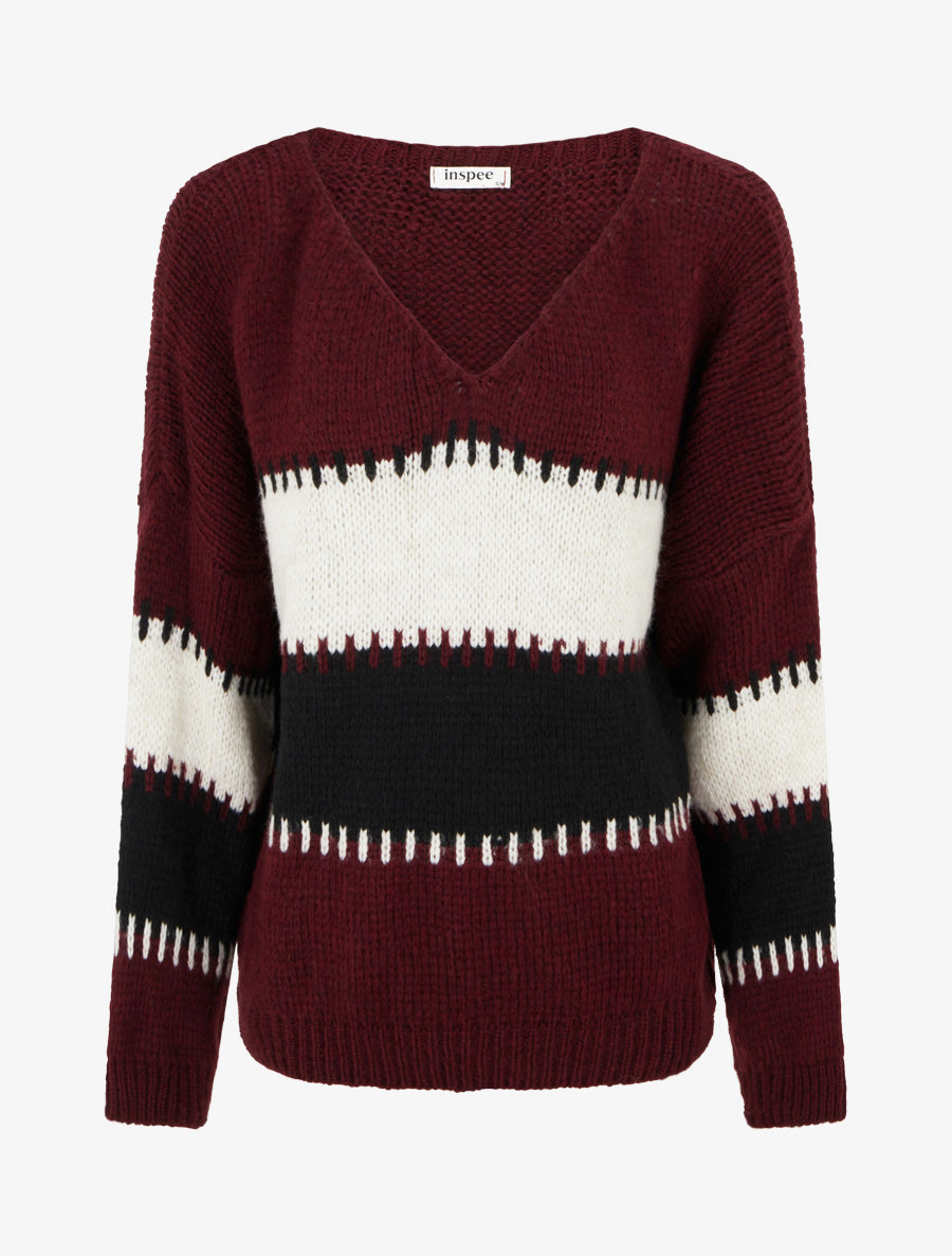 Pull ample à col V et rayures stylisées - Lie de vin - 1