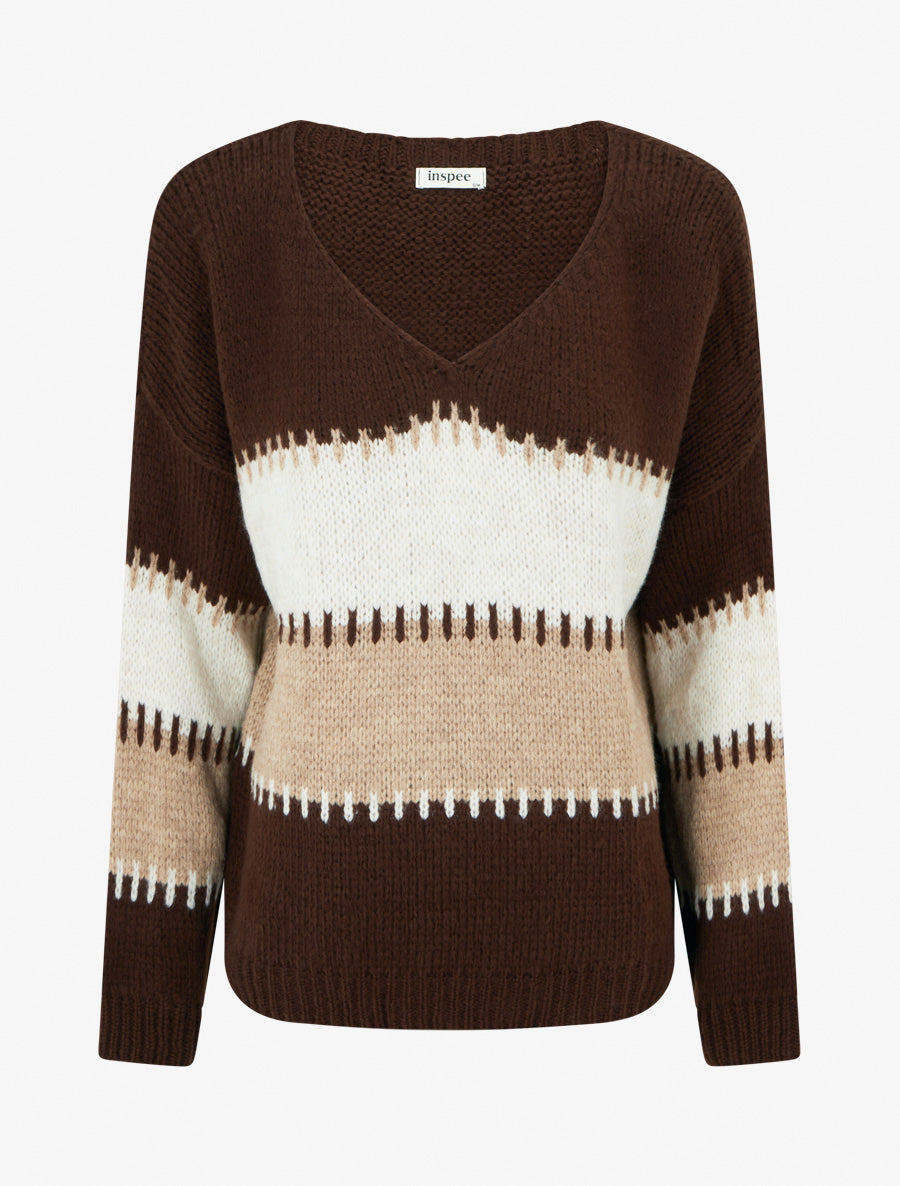 Pull ample à col V et rayures stylisées - Marron - 1