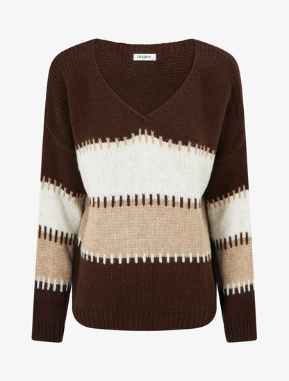 Pull ample à col V et rayures stylisées - Marron - 1