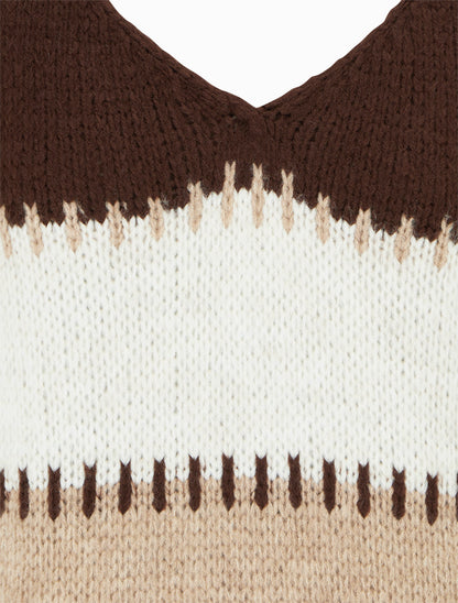 Pull ample à col V et rayures stylisées - Marron - 3