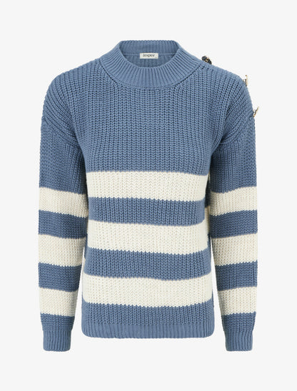 Pull à rayures et boutons décoratifs - Bleu charrette - 1