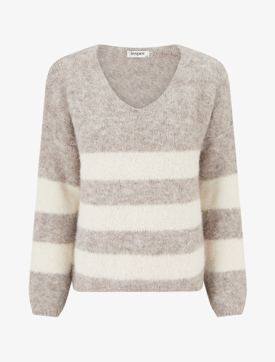 Pull à rayures en laine mélangée à col V - Taupe - 1