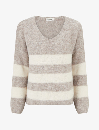 Pull à rayures en laine mélangée à col V - Taupe - 1
