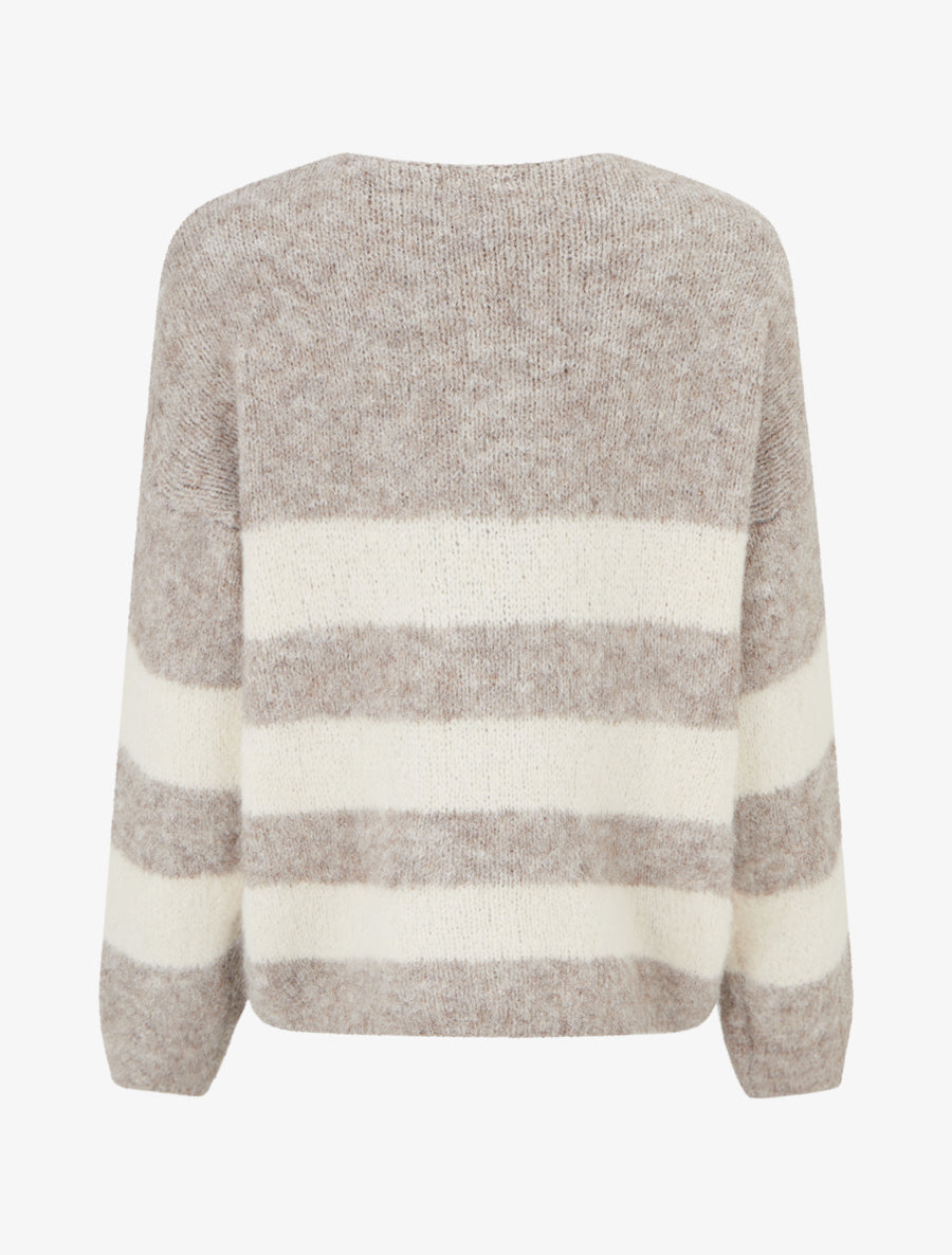 Pull à rayures en laine mélangée à col V - Taupe - 2