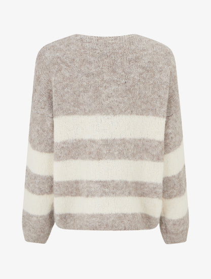 Pull à rayures en laine mélangée à col V - Taupe - 2