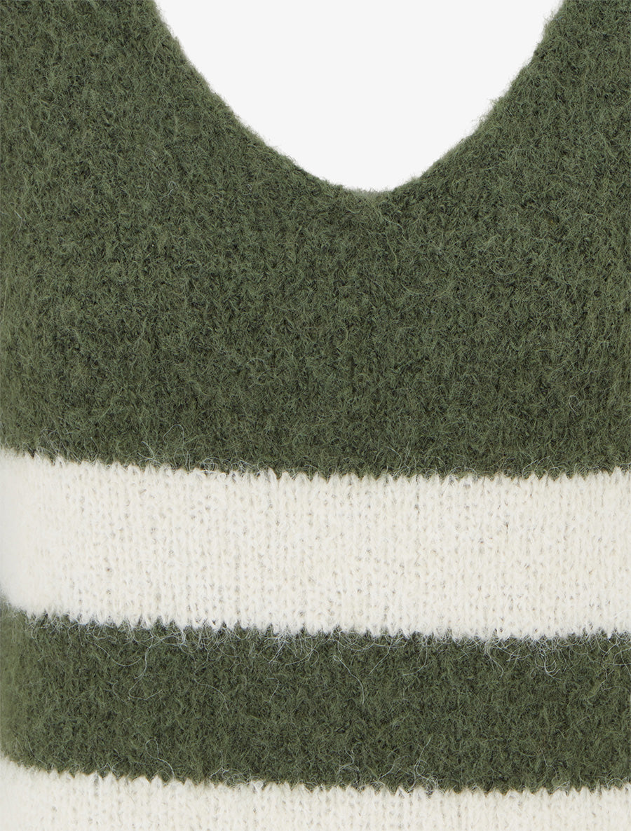 Pull à rayures en laine mélangée à col V - Kaki - 3