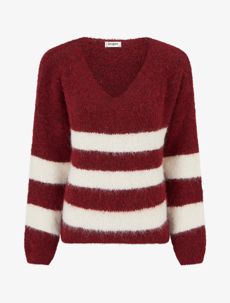 Pull à rayures en laine mélangée à col V - Bordeaux - 1
