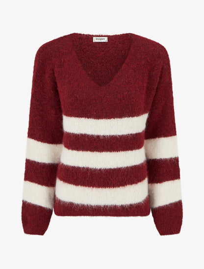 Pull à rayures en laine mélangée à col V - Bordeaux - 1