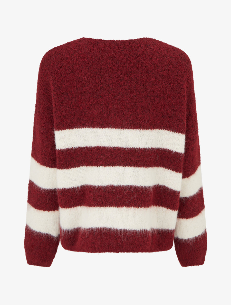 Pull à rayures en laine mélangée à col V - Bordeaux - 2
