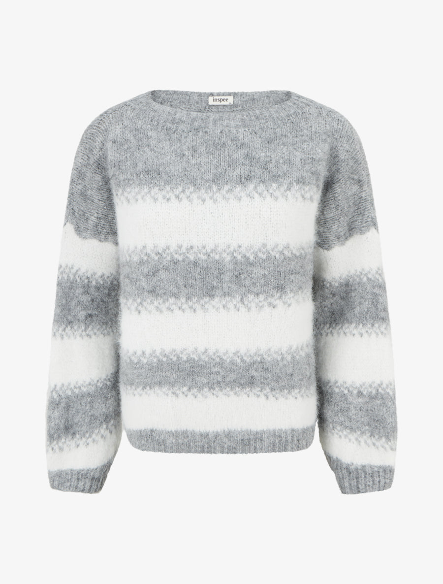 Pull ample en laine mélangée à rayures stylisées - Gris clair - 1