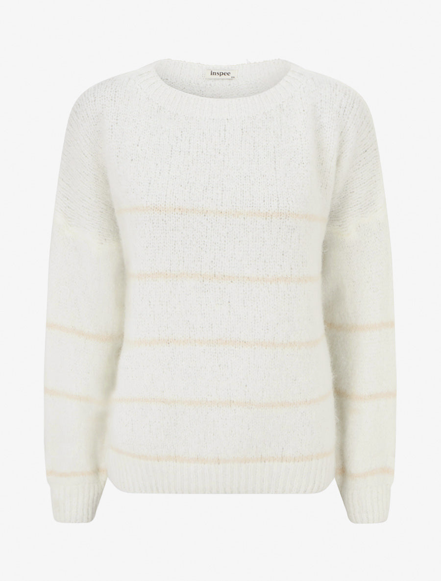 Pull en laine mélangée à col rond et rayures - Blanc - 1